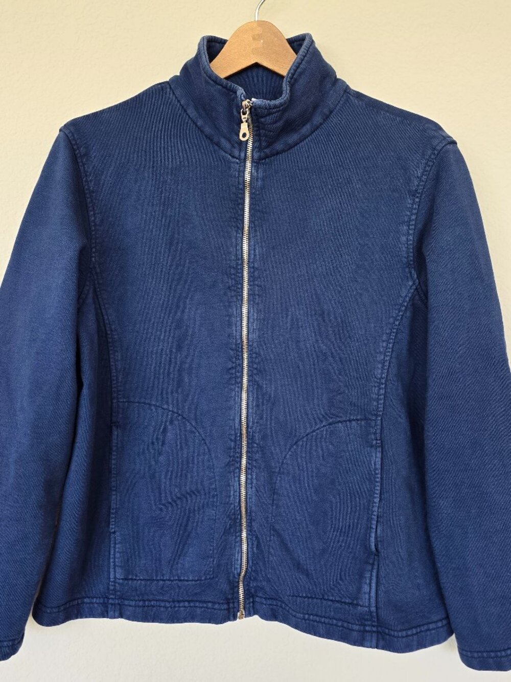 ICANTOO Women's Large Navy Blue 100% Cotton Full Zip Jacket Long Sleeve